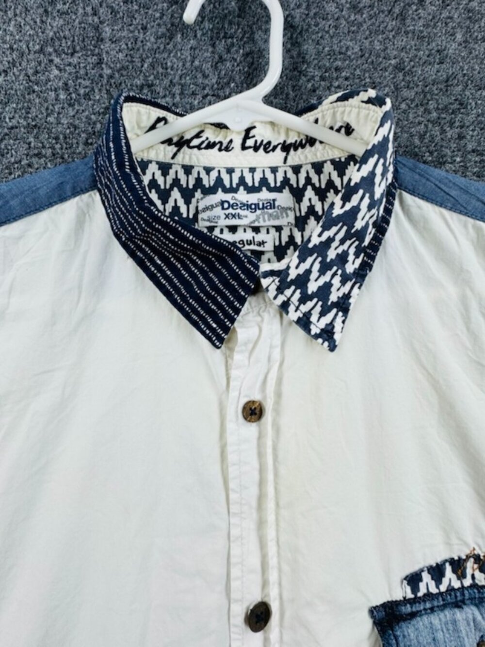 Desigual Contrast Collar White Blue Short Sleeve Geometric Logo Cotton 2XL Men